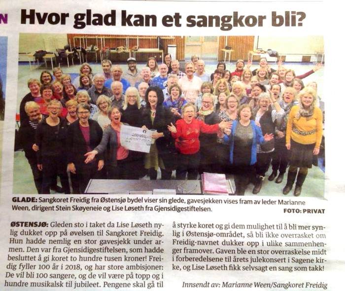 Så glade blir vi når vi får 200 000 fra Gjensidigestiftelsen for å ruste oss til feiring av Freidig i 100 mot 100!